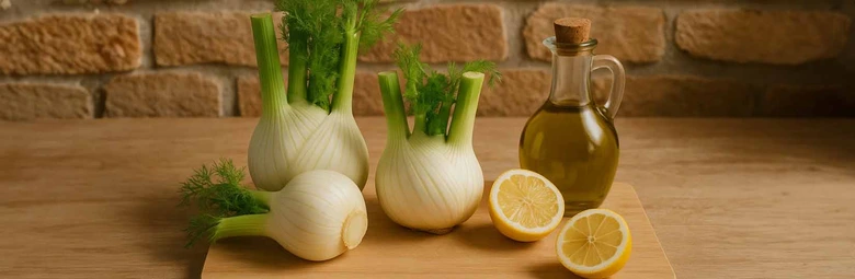 Čerstvý fenikel, citrony a olivový olej na dřevěném prknu.