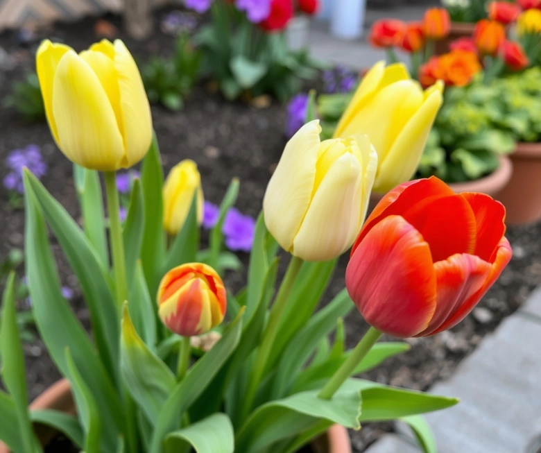 Žluté a červené tulipány v květináčích na zahradě.