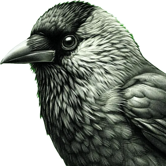 Ilustrace hlavy a těla obecné kavky v profilu.