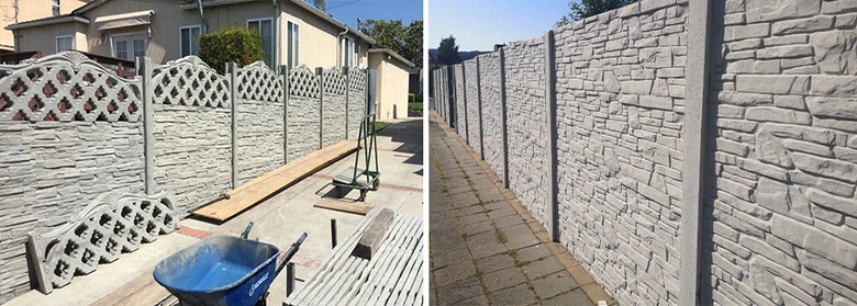 Montáž dekorativní plotové zdi s betonovými panely v zahradě.